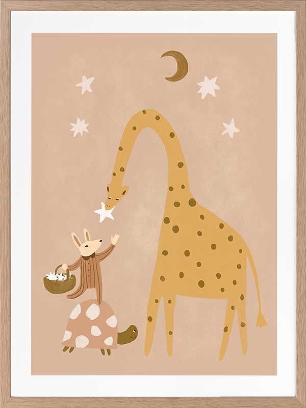 A tall giraffe and a tiny friend beneath the moon and stars in warm brown and yellow, from the Little Tails Collection by Urban Road.