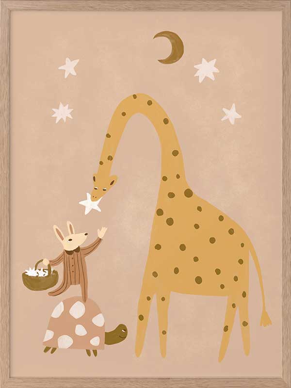 A tall giraffe and a tiny friend beneath the moon and stars in warm brown and yellow, from the Little Tails Collection by Urban Road.