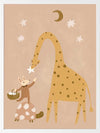 A tall giraffe and a tiny friend beneath the moon and stars in warm brown and yellow, from the Little Tails Collection by Urban Road.