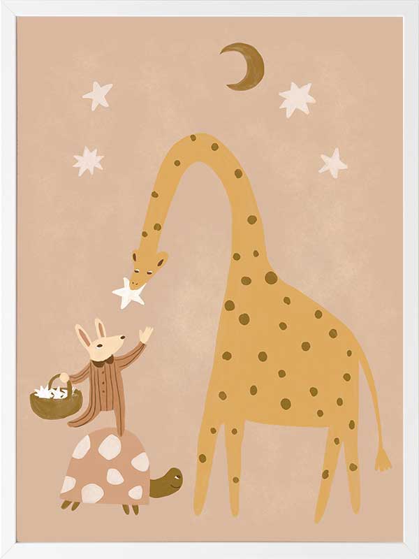 A tall giraffe and a tiny friend beneath the moon and stars in warm brown and yellow, from the Little Tails Collection by Urban Road.