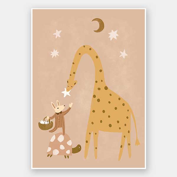 A tall giraffe and a tiny friend beneath the moon and stars in warm brown and yellow, from the Little Tails Collection by Urban Road.