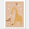 A tall giraffe and a tiny friend beneath the moon and stars in warm brown and yellow, from the Little Tails Collection by Urban Road.
