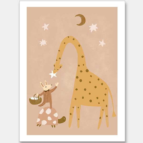 A tall giraffe and a tiny friend beneath the moon and stars in warm brown and yellow, from the Little Tails Collection by Urban Road.