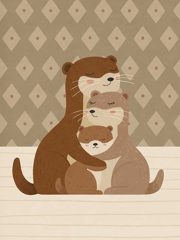 Two cuddly otters hugging in a soft green and brown palette with gentle patterning, from the Little Tails Collection by Urban Road.