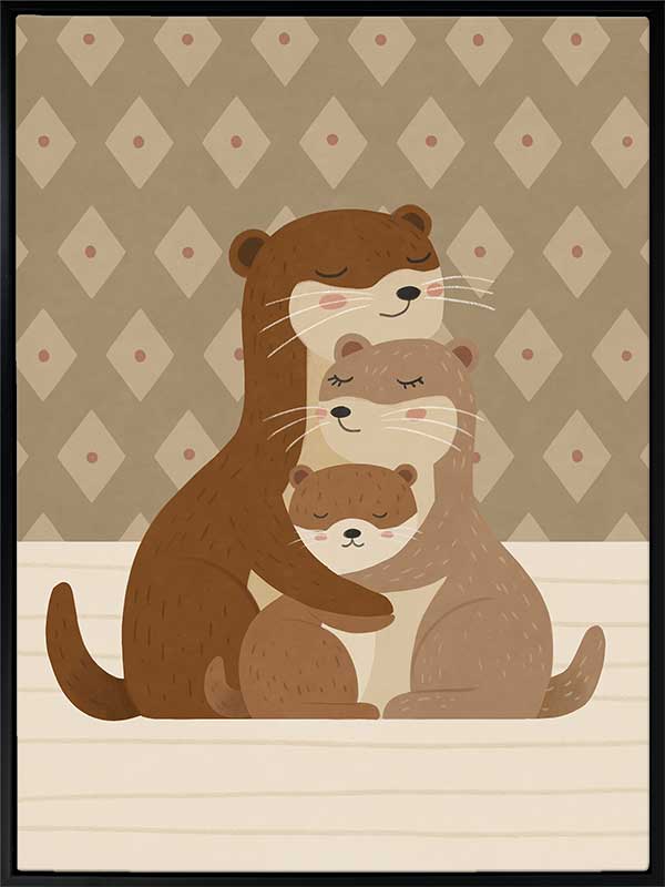 Two cuddly otters hugging in a soft green and brown palette with gentle patterning, from the Little Tails Collection by Urban Road.