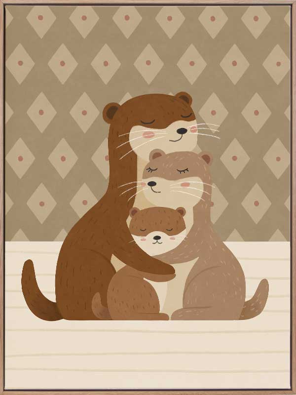 Two cuddly otters hugging in a soft green and brown palette with gentle patterning, from the Little Tails Collection by Urban Road.