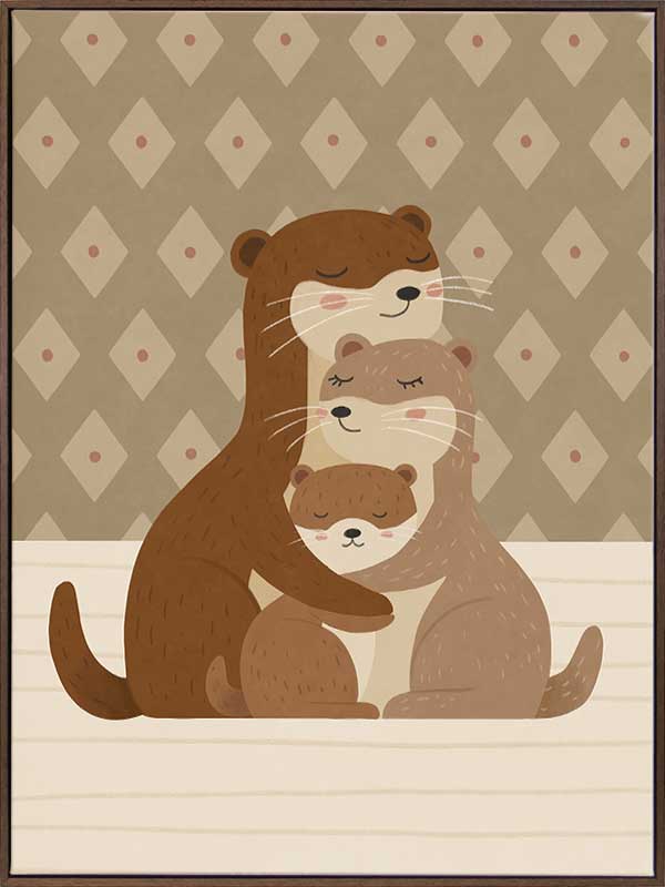 Two cuddly otters hugging in a soft green and brown palette with gentle patterning, from the Little Tails Collection by Urban Road.