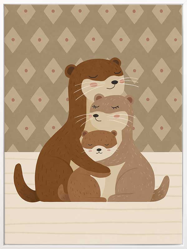 Two cuddly otters hugging in a soft green and brown palette with gentle patterning, from the Little Tails Collection by Urban Road.