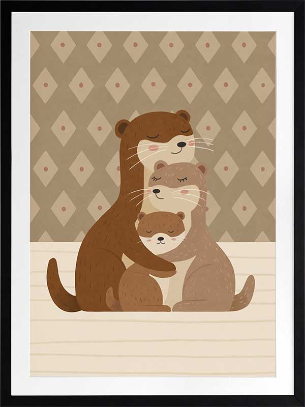 Two cuddly otters hugging in a soft green and brown palette with gentle patterning, from the Little Tails Collection by Urban Road.