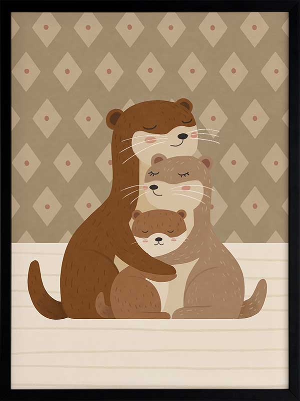 Two cuddly otters hugging in a soft green and brown palette with gentle patterning, from the Little Tails Collection by Urban Road.
