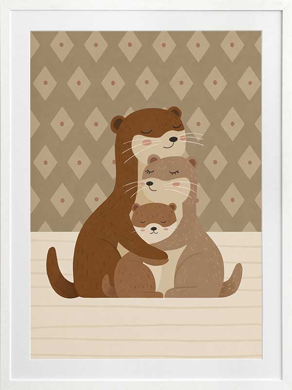 Two cuddly otters hugging in a soft green and brown palette with gentle patterning, from the Little Tails Collection by Urban Road.