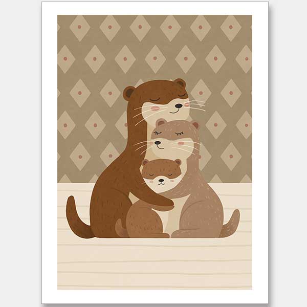 Two cuddly otters hugging in a soft green and brown palette with gentle patterning, from the Little Tails Collection by Urban Road.