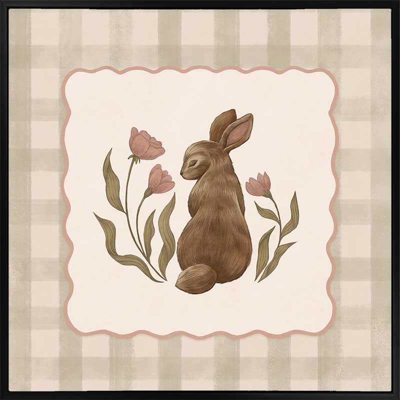 A sweet brown bunny framed by flowers and leaves on a soft green gingham backdrop, from the Little Tails Collection by Urban Road.