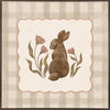 A sweet brown bunny framed by flowers and leaves on a soft green gingham backdrop, from the Little Tails Collection by Urban Road.