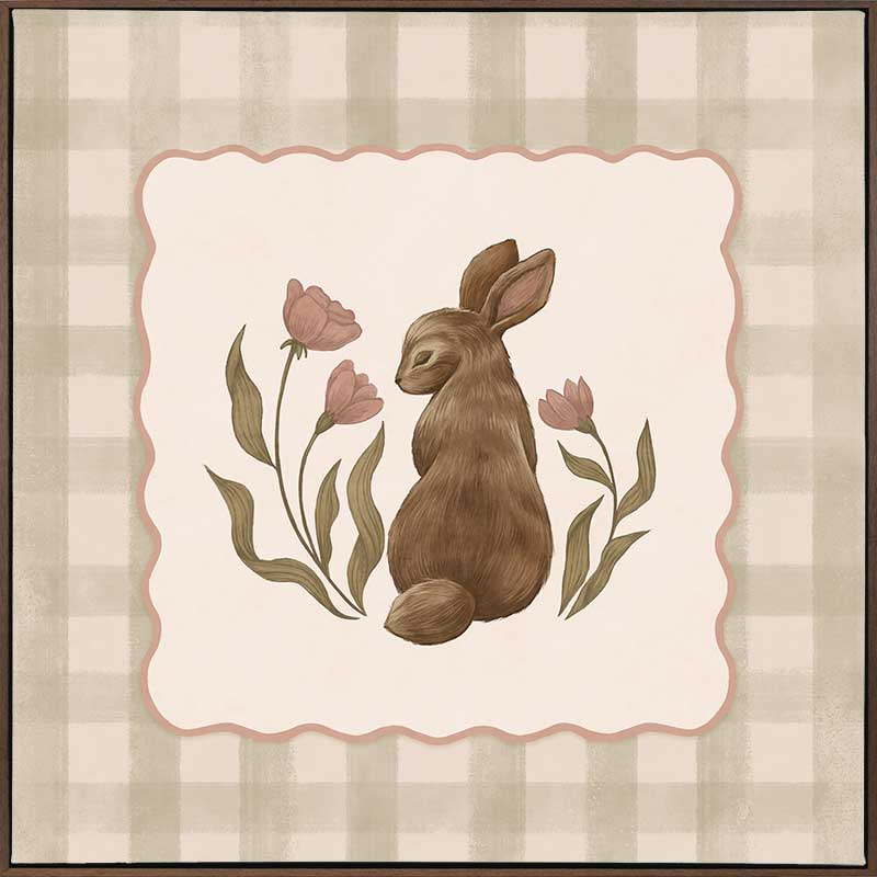 A sweet brown bunny framed by flowers and leaves on a soft green gingham backdrop, from the Little Tails Collection by Urban Road.