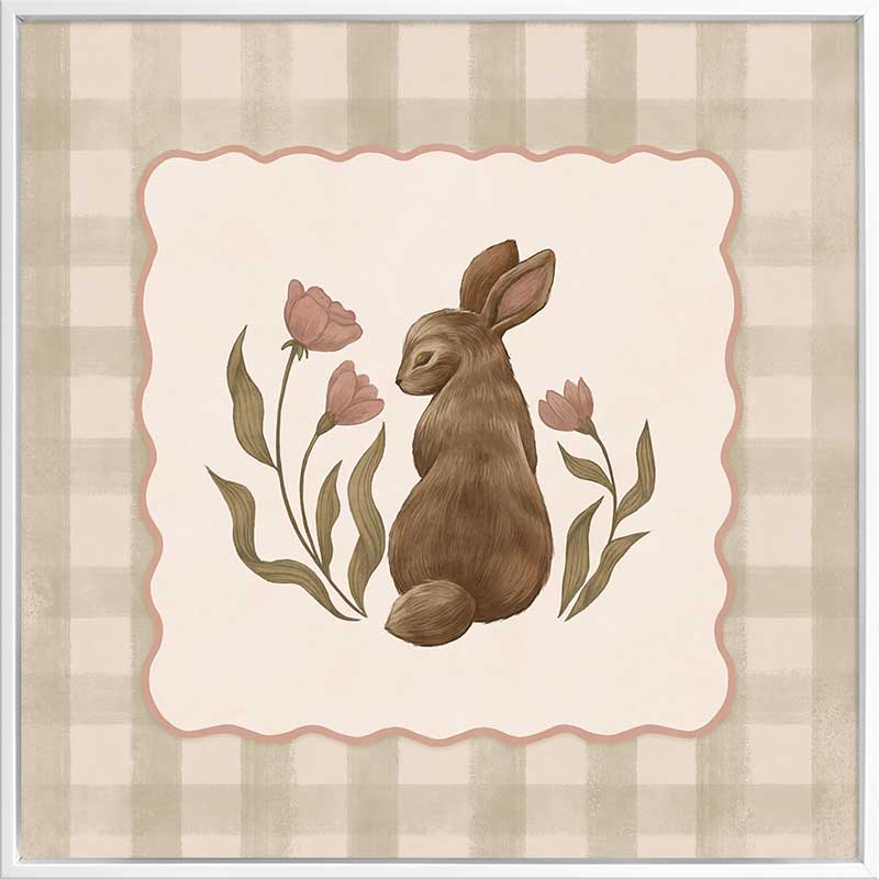 A sweet brown bunny framed by flowers and leaves on a soft green gingham backdrop, from the Little Tails Collection by Urban Road.