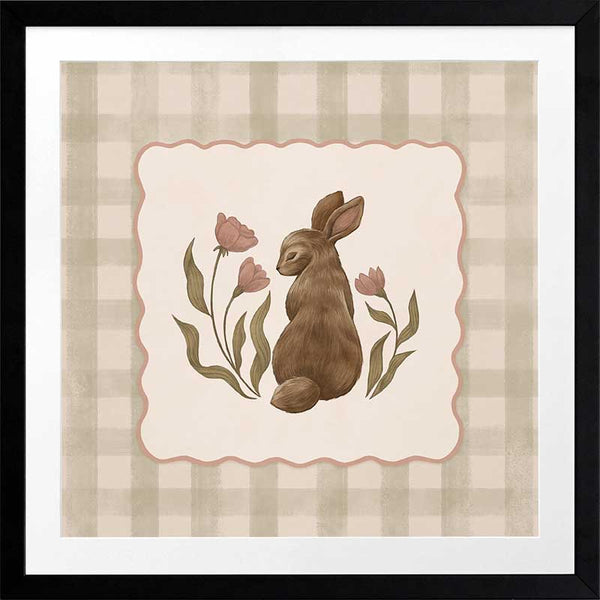 A sweet brown bunny framed by flowers and leaves on a soft green gingham backdrop, from the Little Tails Collection by Urban Road.