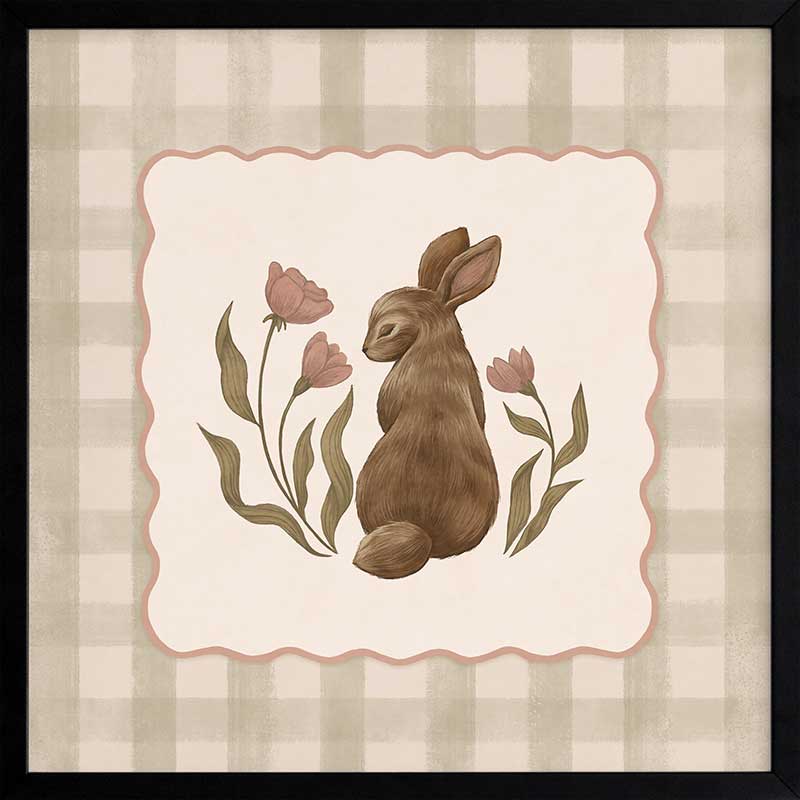 A sweet brown bunny framed by flowers and leaves on a soft green gingham backdrop, from the Little Tails Collection by Urban Road.