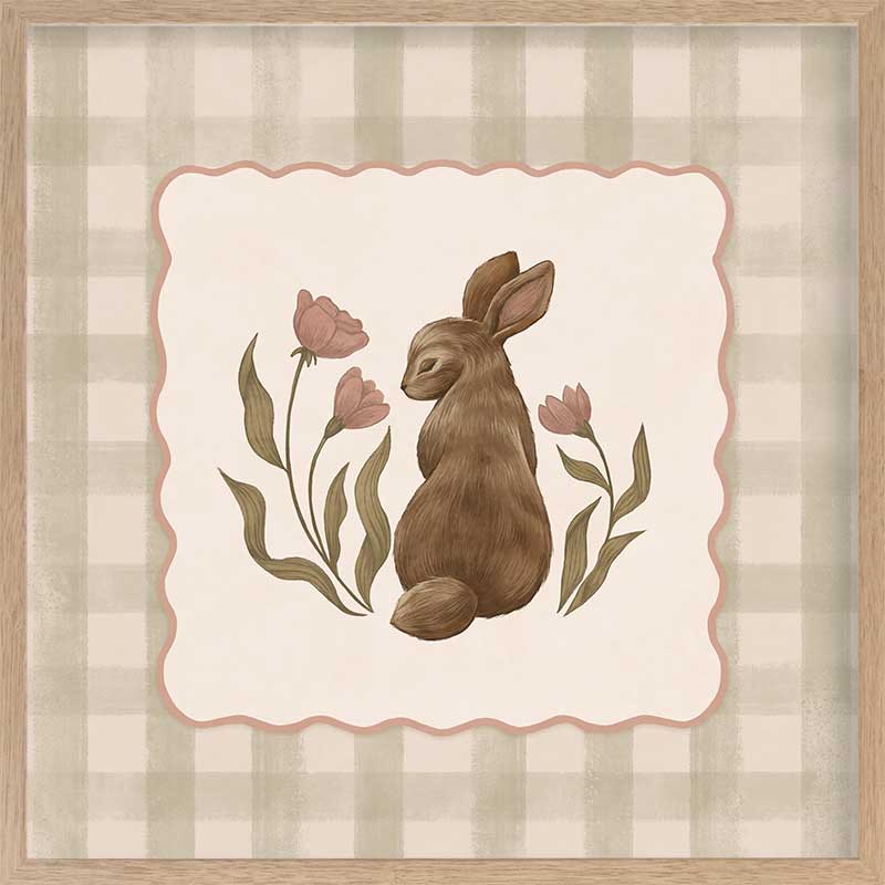 A sweet brown bunny framed by flowers and leaves on a soft green gingham backdrop, from the Little Tails Collection by Urban Road.