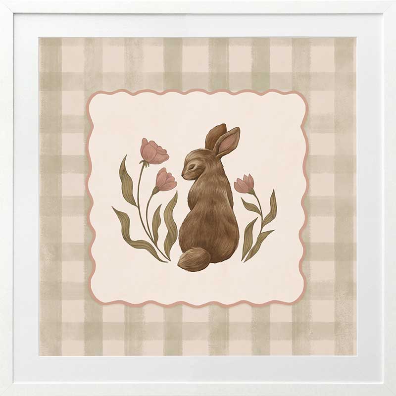 A sweet brown bunny framed by flowers and leaves on a soft green gingham backdrop, from the Little Tails Collection by Urban Road.