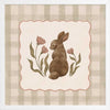 A sweet brown bunny framed by flowers and leaves on a soft green gingham backdrop, from the Little Tails Collection by Urban Road.