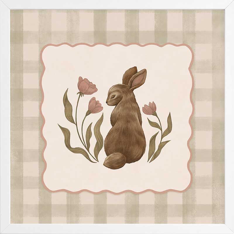 A sweet brown bunny framed by flowers and leaves on a soft green gingham backdrop, from the Little Tails Collection by Urban Road.