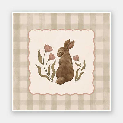 A sweet brown bunny framed by flowers and leaves on a soft green gingham backdrop, from the Little Tails Collection by Urban Road.