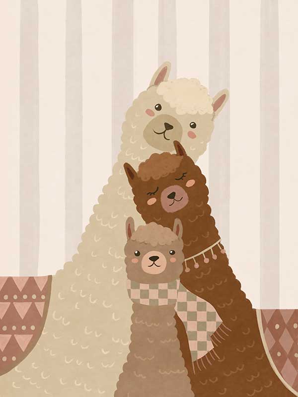 A trio of woolly llamas cuddled together in neutral browns with cosy patterned details, from the Little Tails Collection by Urban Road.