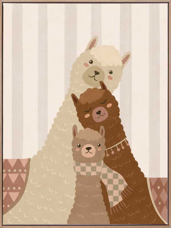 A trio of woolly llamas cuddled together in neutral browns with cosy patterned details, from the Little Tails Collection by Urban Road.