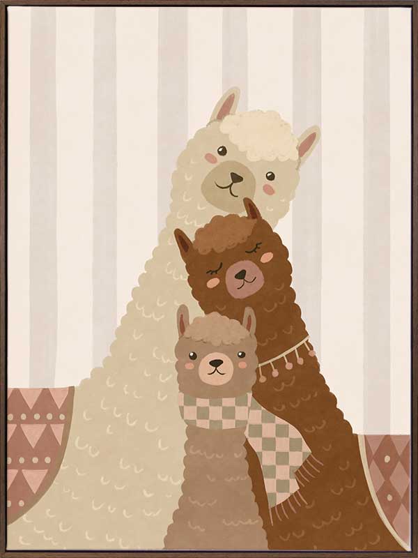A trio of woolly llamas cuddled together in neutral browns with cosy patterned details, from the Little Tails Collection by Urban Road.