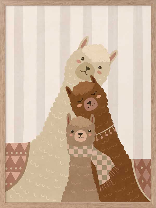 A trio of woolly llamas cuddled together in neutral browns with cosy patterned details, from the Little Tails Collection by Urban Road.