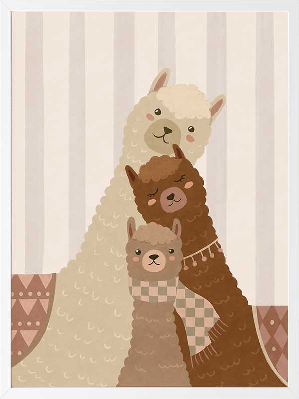 A trio of woolly llamas cuddled together in neutral browns with cosy patterned details, from the Little Tails Collection by Urban Road.