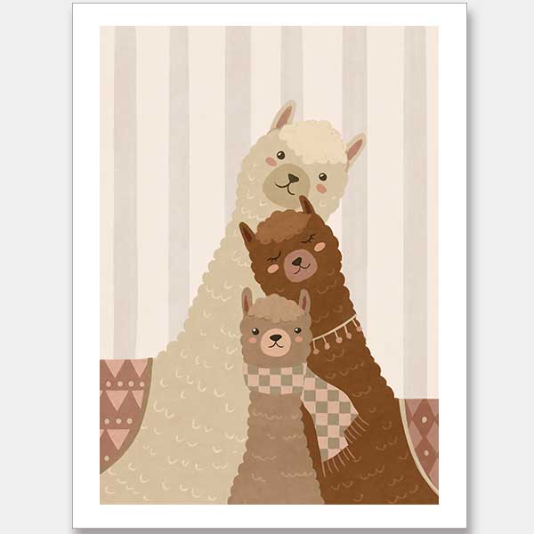 A trio of woolly llamas cuddled together in neutral browns with cosy patterned details, from the Little Tails Collection by Urban Road.