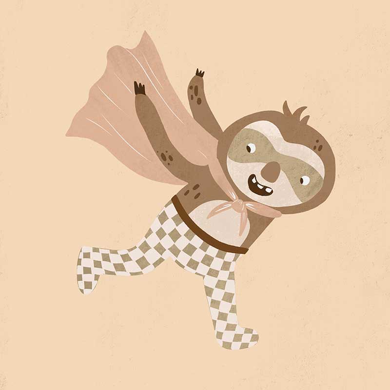 A cheerful sloth superhero leaping forward in a cape with star accents, in warm neutral browns, from the Little Tails Collection by Urban Road.