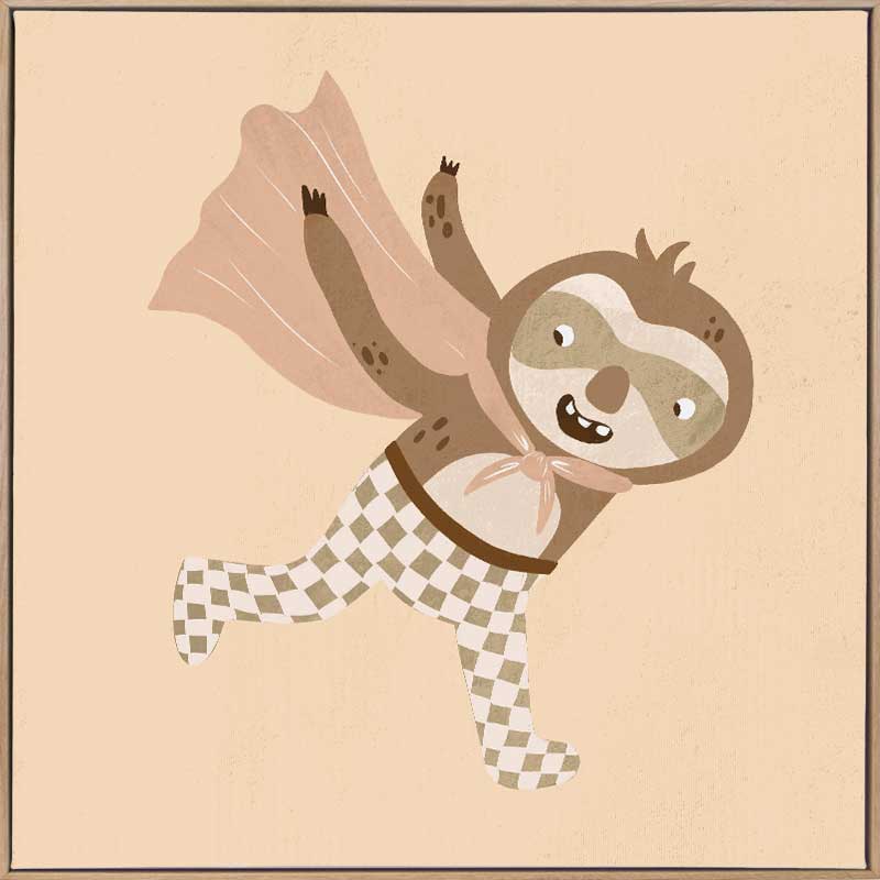 A cheerful sloth superhero leaping forward in a cape with star accents, in warm neutral browns, from the Little Tails Collection by Urban Road.