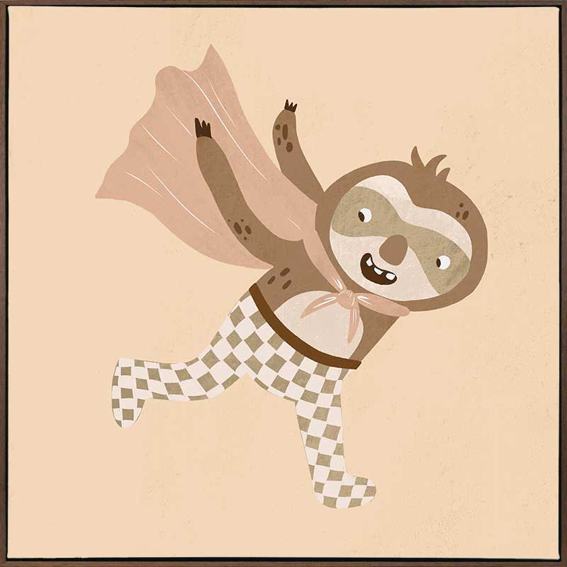 A cheerful sloth superhero leaping forward in a cape with star accents, in warm neutral browns, from the Little Tails Collection by Urban Road.