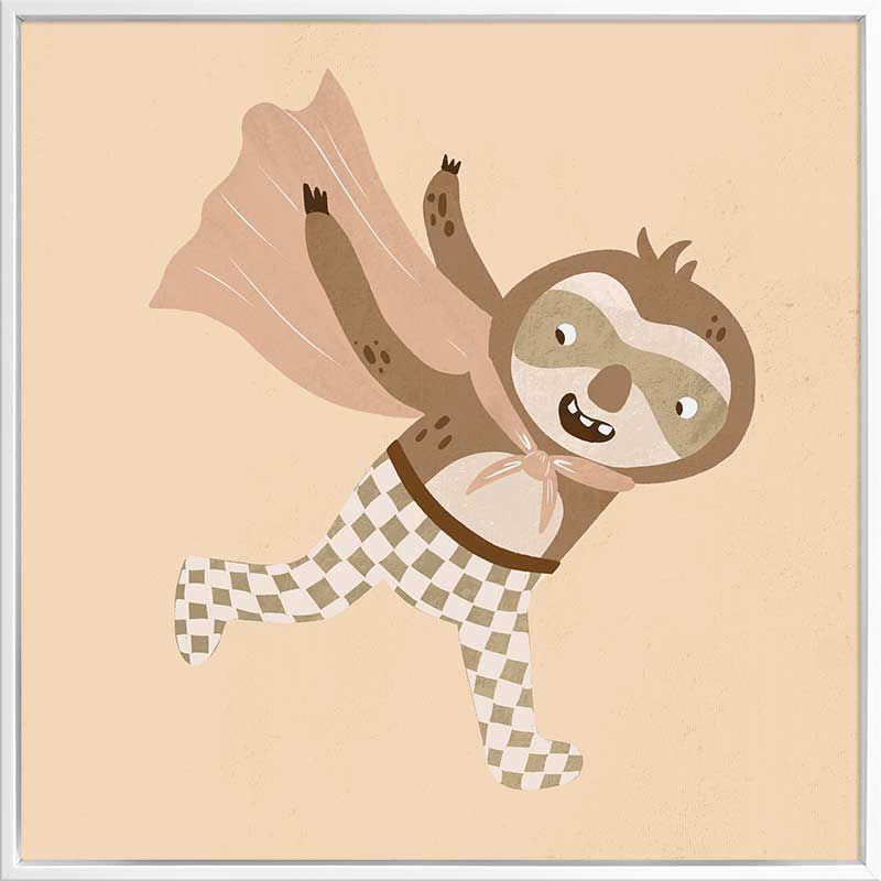 A cheerful sloth superhero leaping forward in a cape with star accents, in warm neutral browns, from the Little Tails Collection by Urban Road.