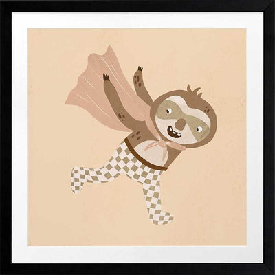 A cheerful sloth superhero leaping forward in a cape with star accents, in warm neutral browns, from the Little Tails Collection by Urban Road.