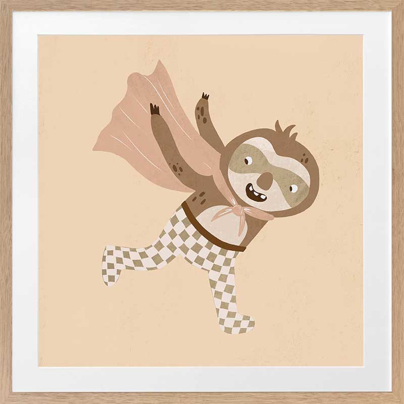 A cheerful sloth superhero leaping forward in a cape with star accents, in warm neutral browns, from the Little Tails Collection by Urban Road.