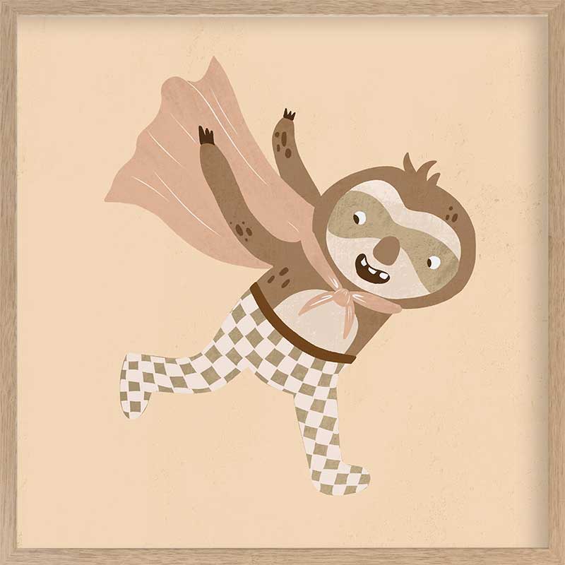 A cheerful sloth superhero leaping forward in a cape with star accents, in warm neutral browns, from the Little Tails Collection by Urban Road.