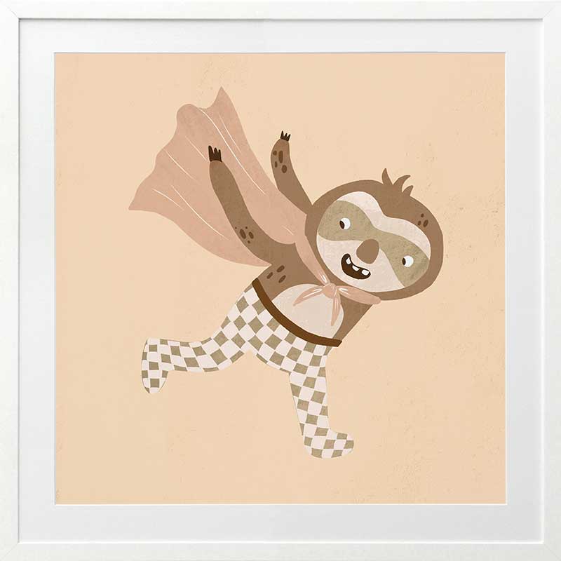 A cheerful sloth superhero leaping forward in a cape with star accents, in warm neutral browns, from the Little Tails Collection by Urban Road.