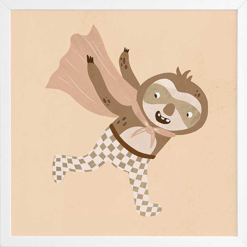 A cheerful sloth superhero leaping forward in a cape with star accents, in warm neutral browns, from the Little Tails Collection by Urban Road.