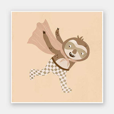 A cheerful sloth superhero leaping forward in a cape with star accents, in warm neutral browns, from the Little Tails Collection by Urban Road.
