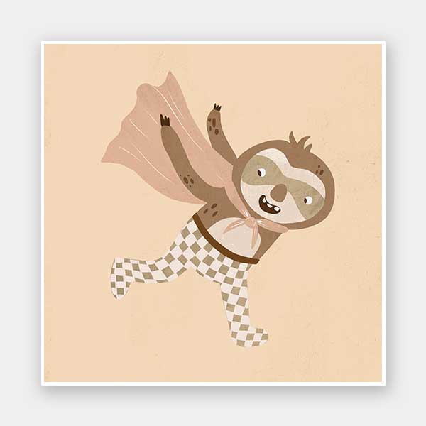 A cheerful sloth superhero leaping forward in a cape with star accents, in warm neutral browns, from the Little Tails Collection by Urban Road.