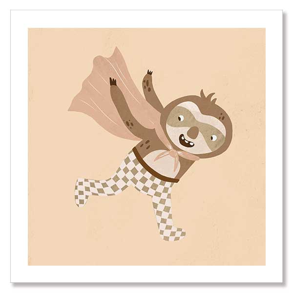 A cheerful sloth superhero leaping forward in a cape with star accents, in warm neutral browns, from the Little Tails Collection by Urban Road.