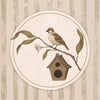 A little bird perched on a branch beside a birdhouse within a soft striped frame of greens and browns, from the Little Tails Collection by Urban Road.