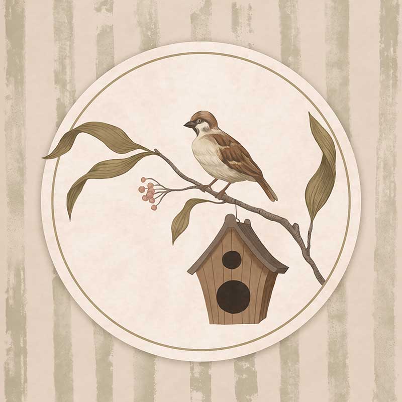 A little bird perched on a branch beside a birdhouse within a soft striped frame of greens and browns, from the Little Tails Collection by Urban Road.