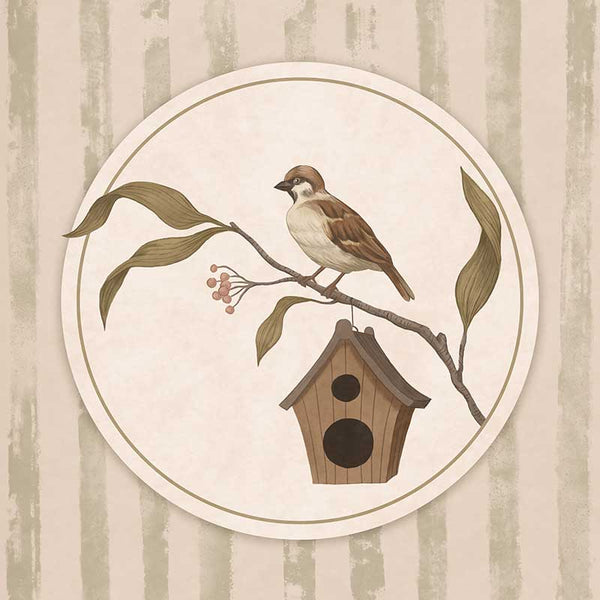 A little bird perched on a branch beside a birdhouse within a soft striped frame of greens and browns, from the Little Tails Collection by Urban Road.