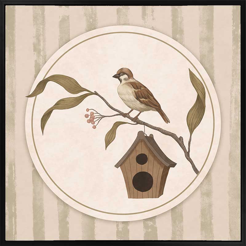 A little bird perched on a branch beside a birdhouse within a soft striped frame of greens and browns, from the Little Tails Collection by Urban Road.