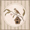 A little bird perched on a branch beside a birdhouse within a soft striped frame of greens and browns, from the Little Tails Collection by Urban Road.